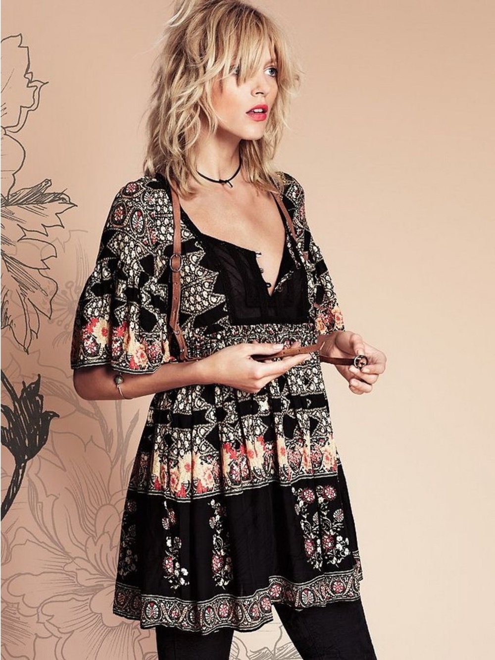 Free People Hayden Black Floral Boho Tunic Dress Flutter Sleeve Boho Peasant XS